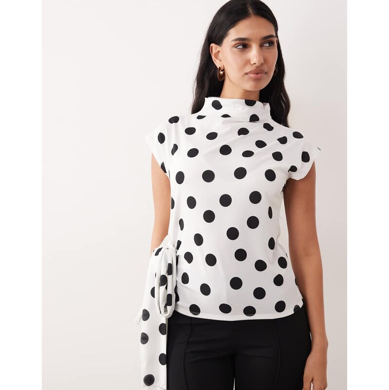 ASOS DESIGN cap sleeve tie knot detail top in mono polka dot