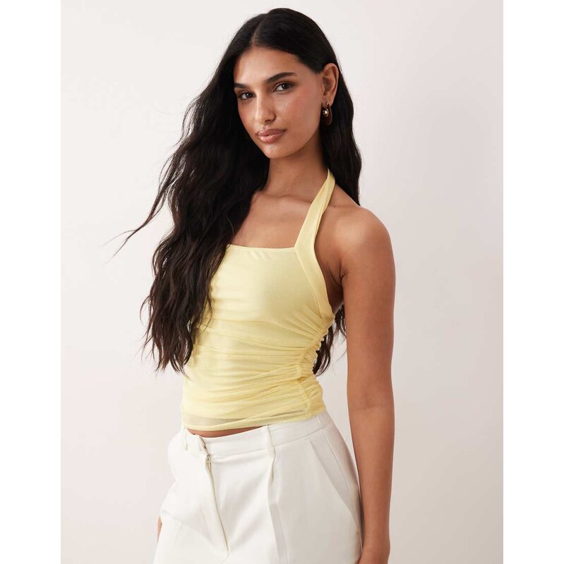 ASOS DESIGN mesh ruched halter top in yellow