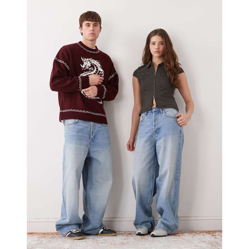 Weekday Astro Unisex low rise baggy fit jeans in dark blue wash