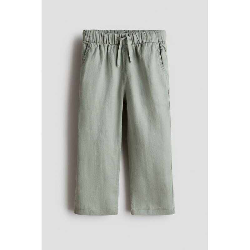 H&M - Lněné kalhoty - Světle Zelená Khaki