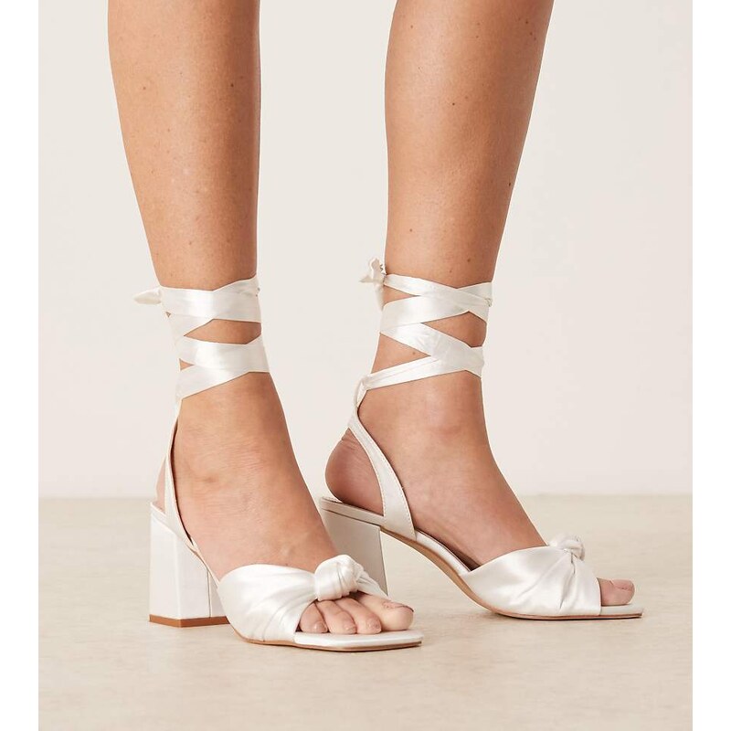 Be Mine Wide Fit Caralina plisse block heeled sandals in ivory satin 113668479