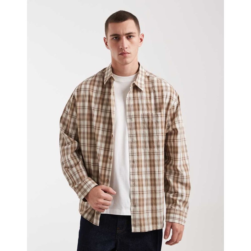ASOS DESIGN oversized check shirt in beige-Neutral