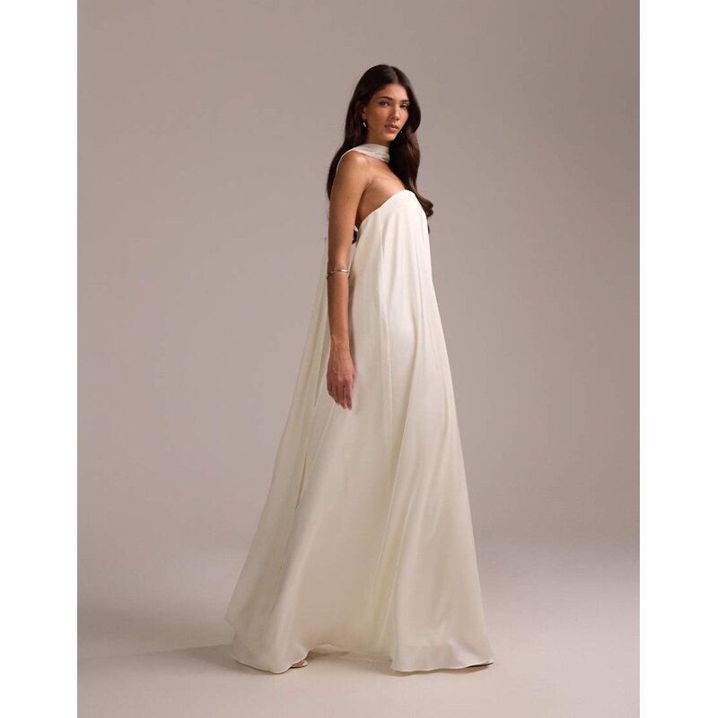 ASOS DESIGN satin bandeau wedding dress with scarf in ivory-White 113668502