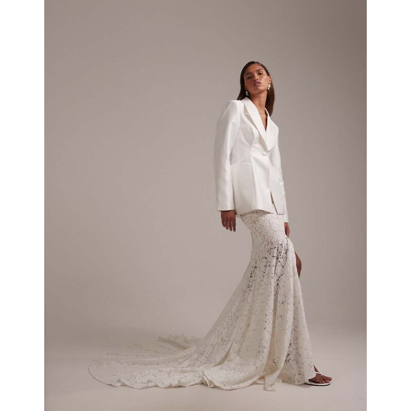 ASOS DESIGN bridal lace maxi skirt with train in ivory-White