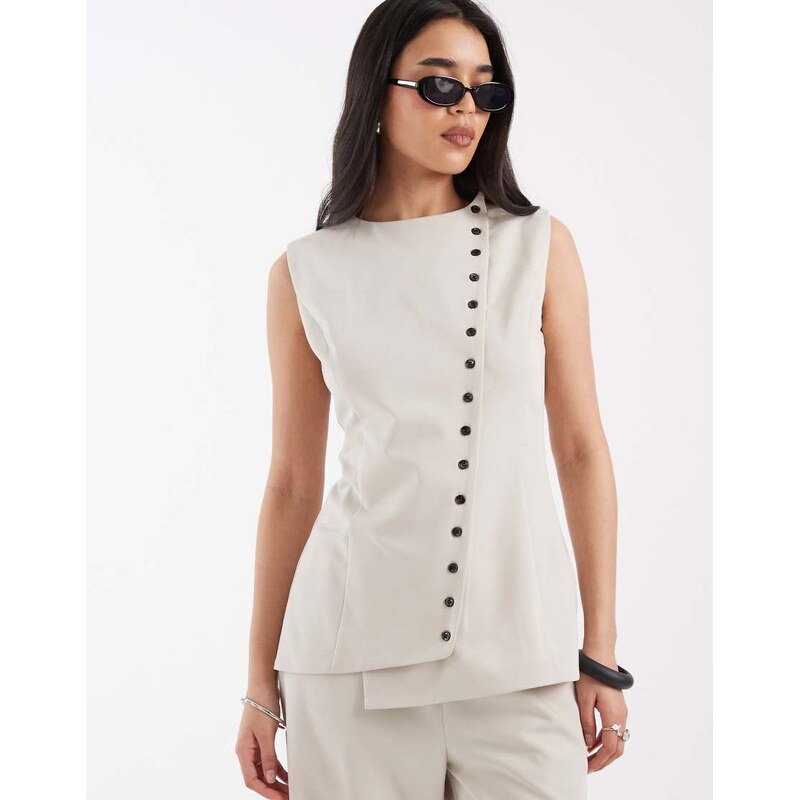 Pretty Lavish asymmetric tailored waistcoat co-ord in stone-Neutral 113668526
