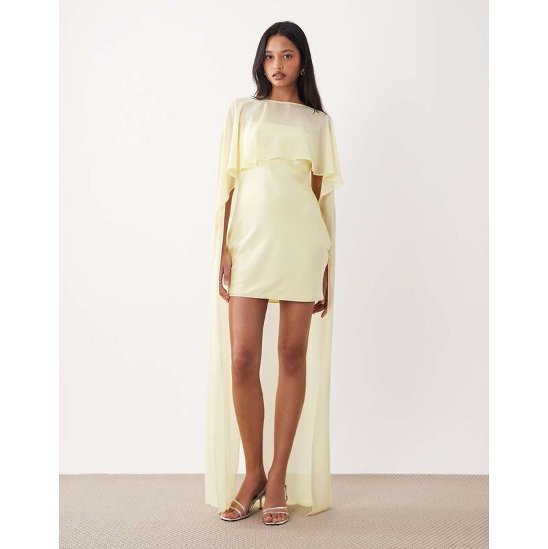 TFNC satin mini dress with mesh cape and skirt in butter yellow 113668541
