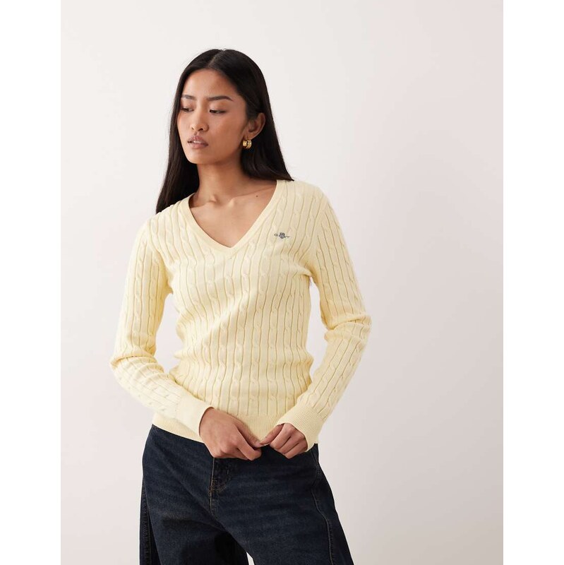 GANT v-neck cable knit sweater in vanilla-Yellow