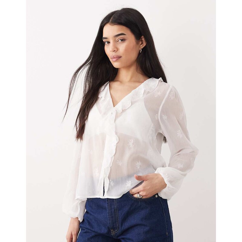 Abercrombie & Fitch flowy long sleeve blouse with front ruffle detail 113668566
