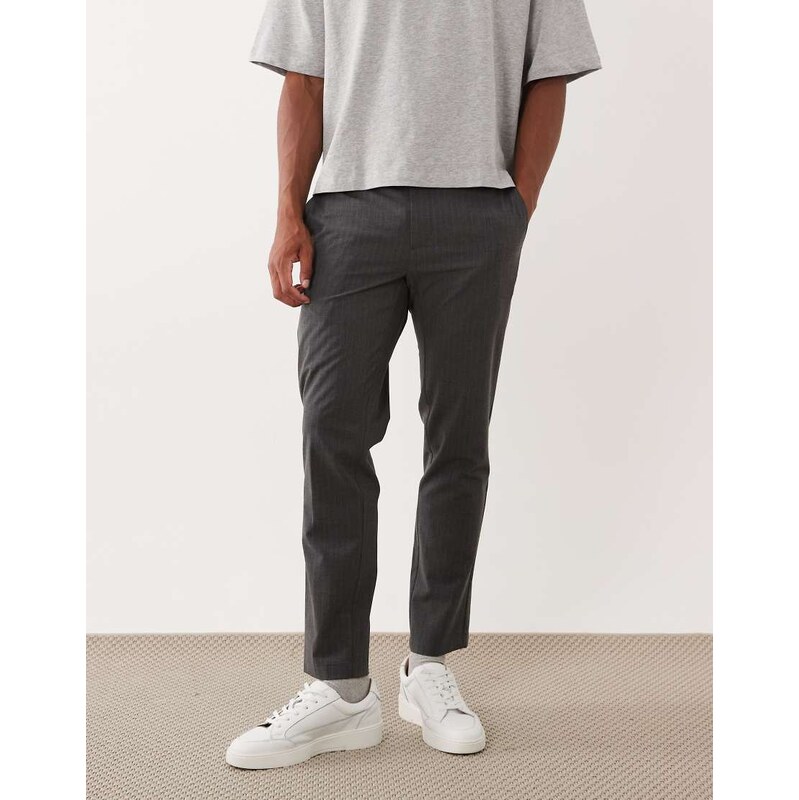 Mango slim fit trouser with elasticated waistband in grey pinstripe 113668582