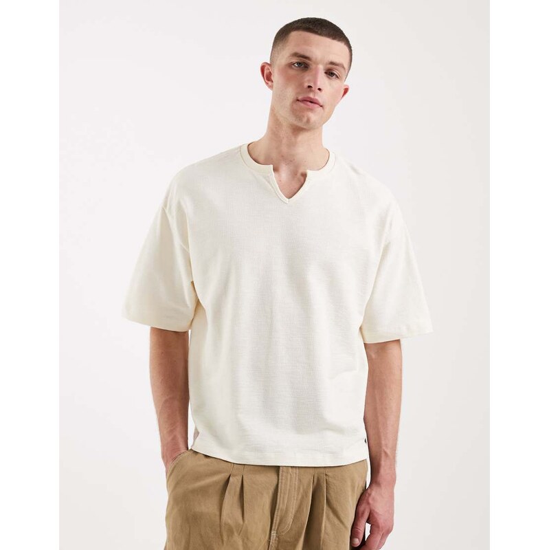 ASOS DESIGN oversized boxy t-shirt with notch neck in cream slub