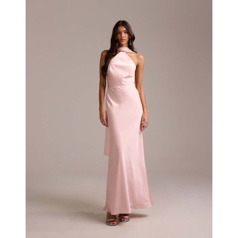 ASOS DESIGN bridesmaids halter neck satin maxi dress with scarf
