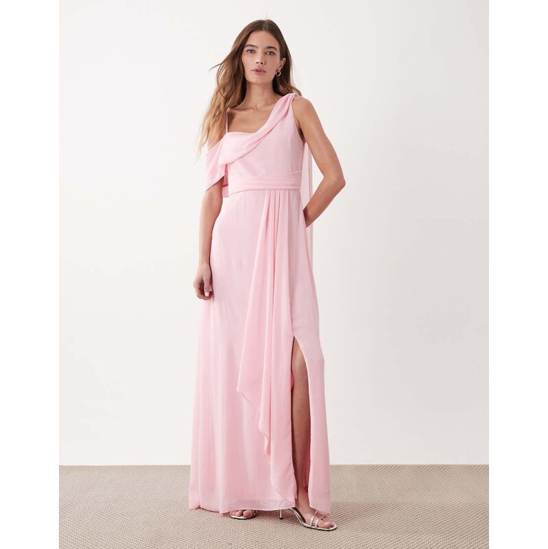 TFNC Bridesmaid chiffon fallen shoulder maxi dress in pink 115149326