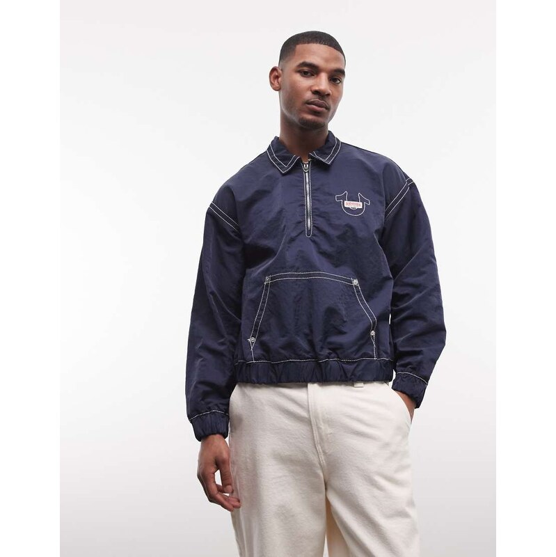 True Religion Big T nylon pullover jacket in indigo blue