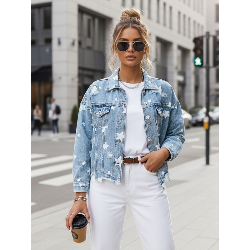 BASIC Modrá džínová crop bunda s hvězdami DOLLA TY2634