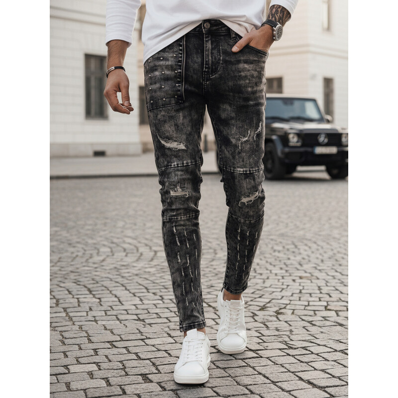 BASIC Černé džínové kalhoty s oděrkami Denim vzor