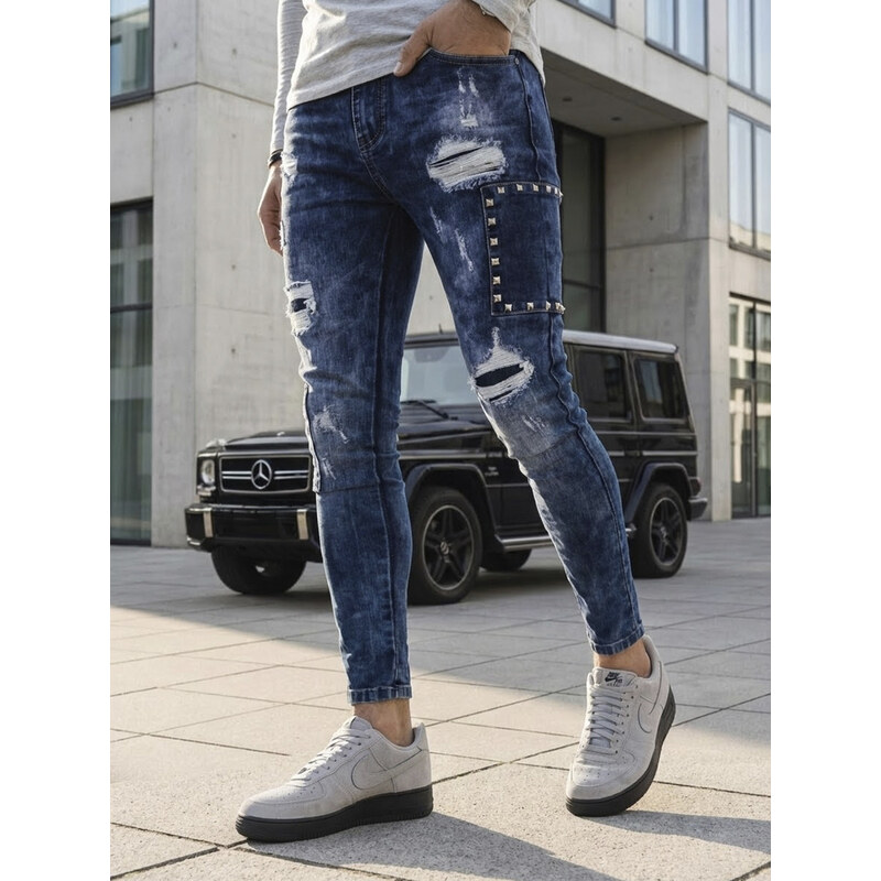 BASIC Tmavě modré džíny s oděrkami Denim vzor