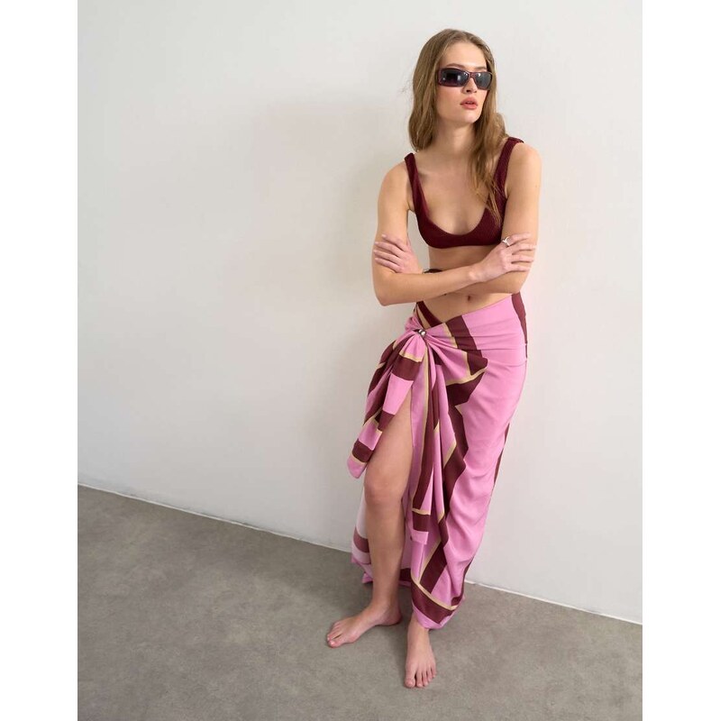 Topshop rectangle sarong in pink and burgundy stripe print