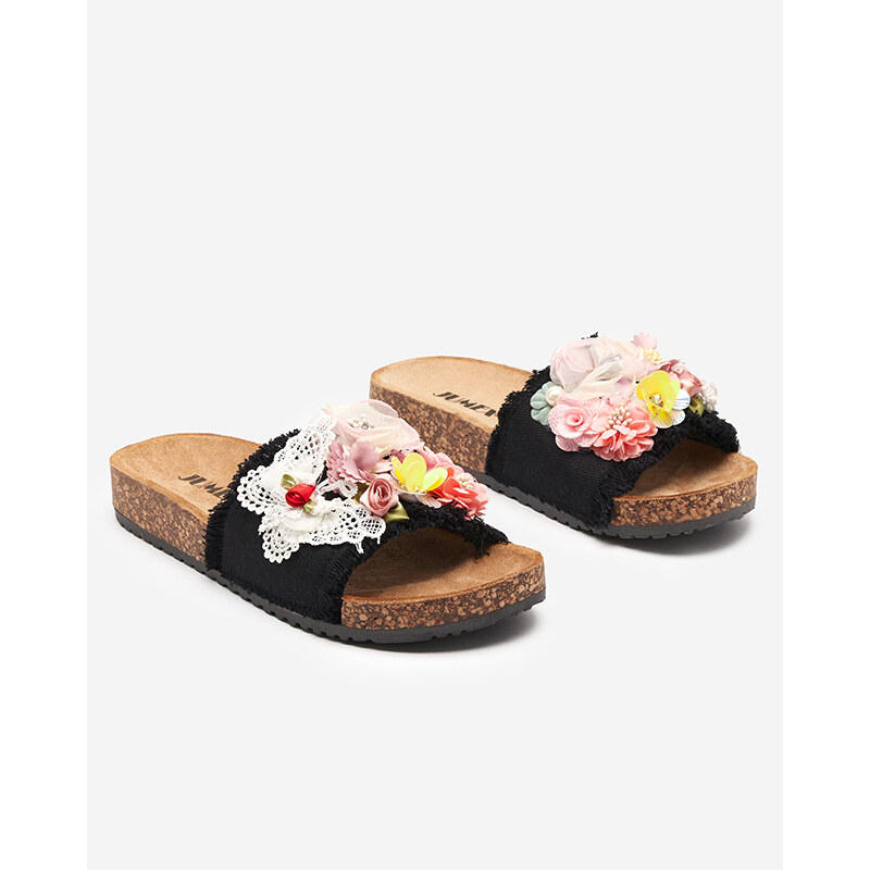 Resti Womens slippers with fabric flowers in black Ososi-
