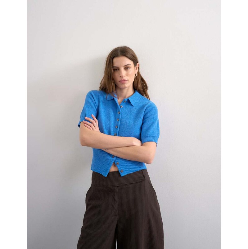 Topshop fine knitted towelling cinch waist polo in blue