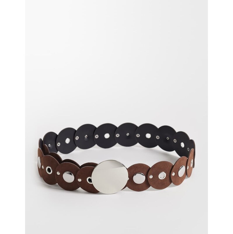 ASOS DESIGN circle disc belt with silver hardware in brown 113676053