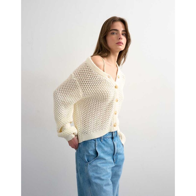 Topshop knitted open stitch cardigan in ivory-White