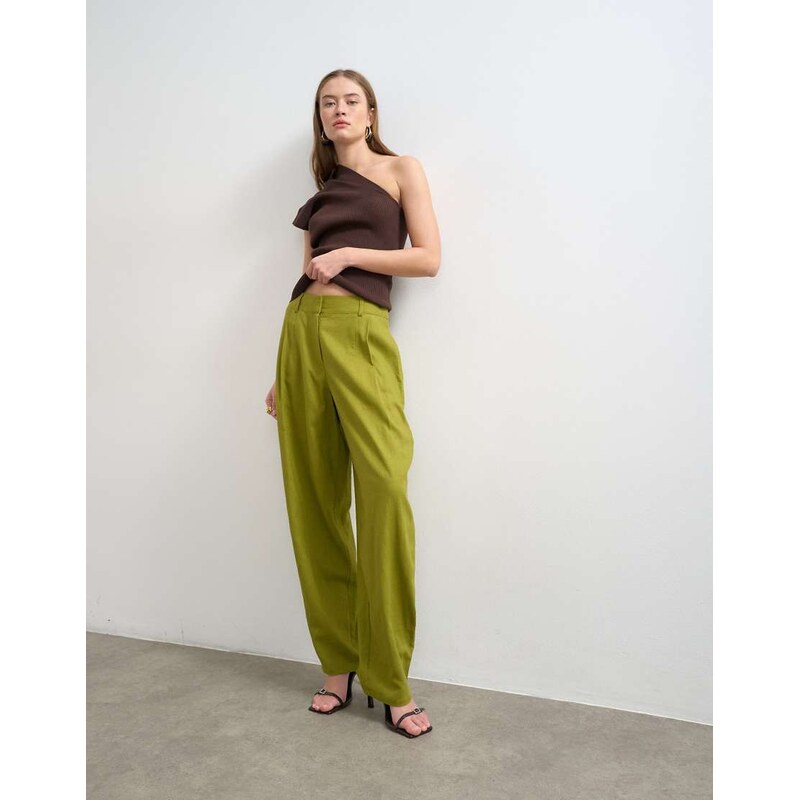 Topshop linen barrel leg trouser in green