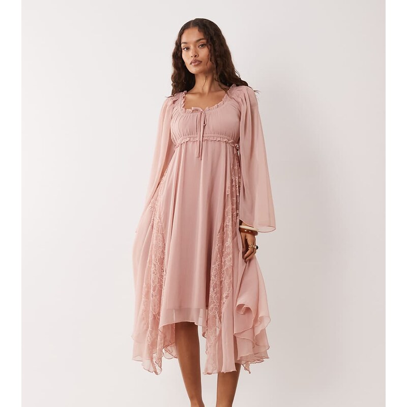 Miss Selfridge Petite chiffon boho hanky hem midi dress in pink