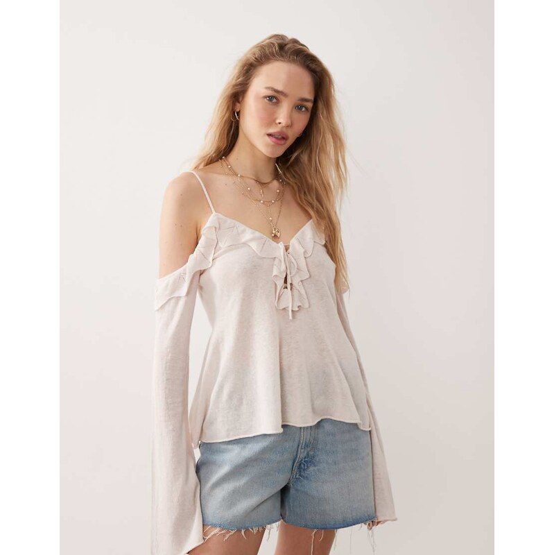 Miss Selfridge premium linen blend knit cold shoulder ruffle top in 113681554
