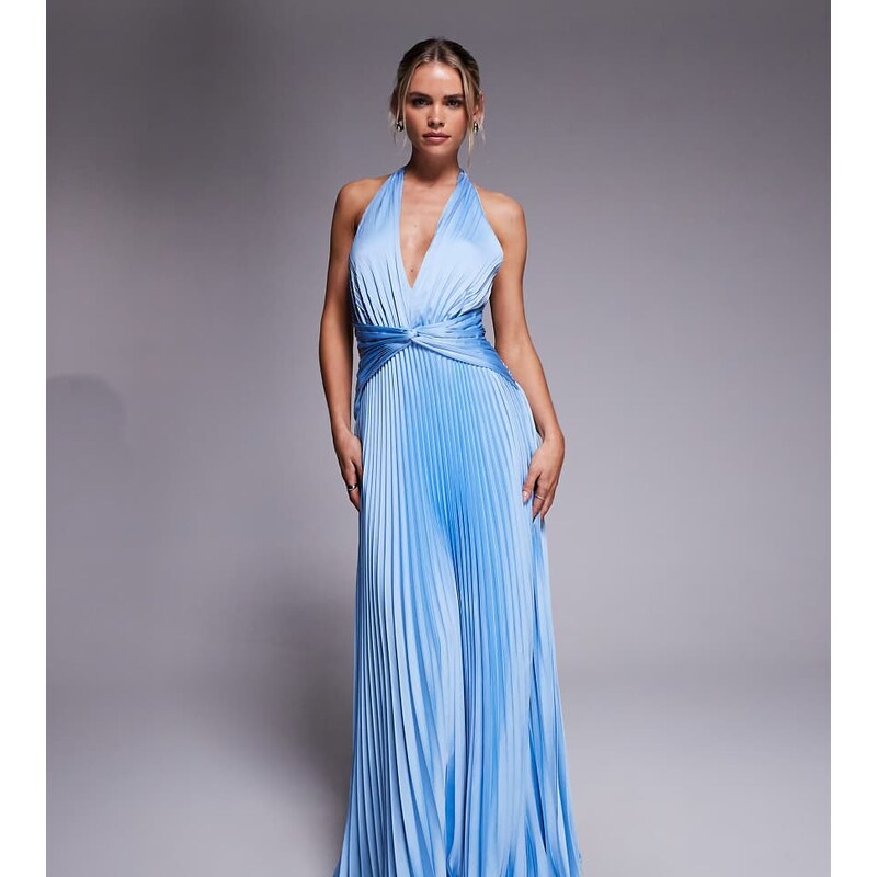 Forever New Petite pleated satin halter maxi dress in blue