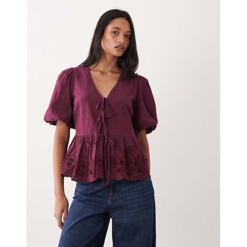 Nobodys Child Aries puff sleeve bow detail embroidered blouse in deep 114215857