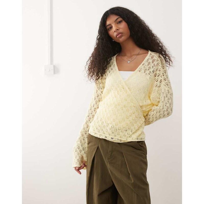Reclaimed Vintage pointelle wrap cardigan in yellow-Navy