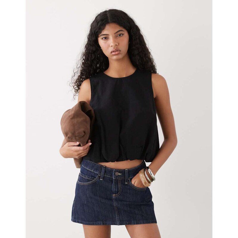 Monki linen blend bubble top in black - BLACK