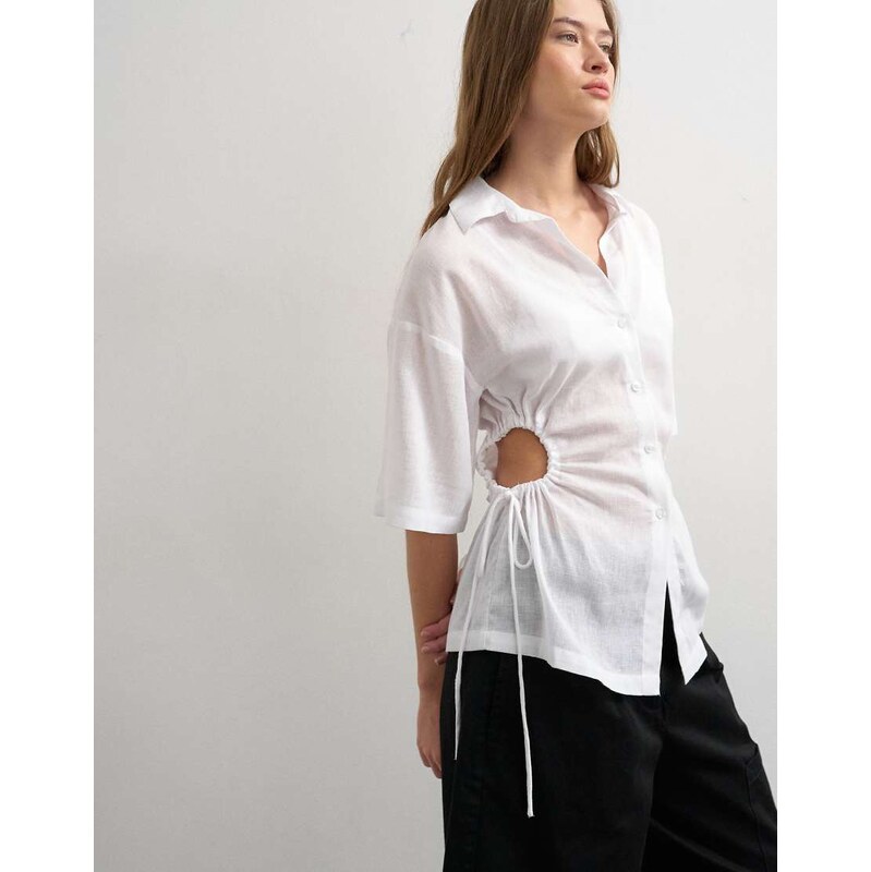 Topshop short sleeve fitted shirt with gathered waist in white