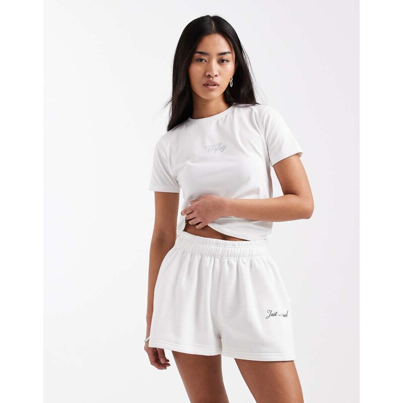 Six Stories Bridal script just married sweat short co-ord in white 113691417