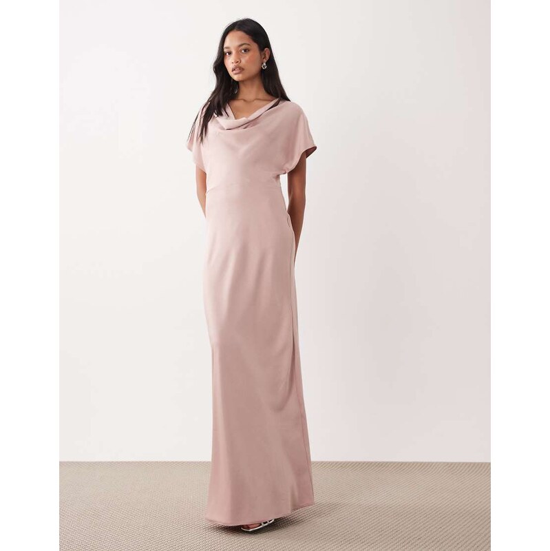 TFNC Bridesmaids satin drop shoulder bias maxi dress in dusty pink 113691381