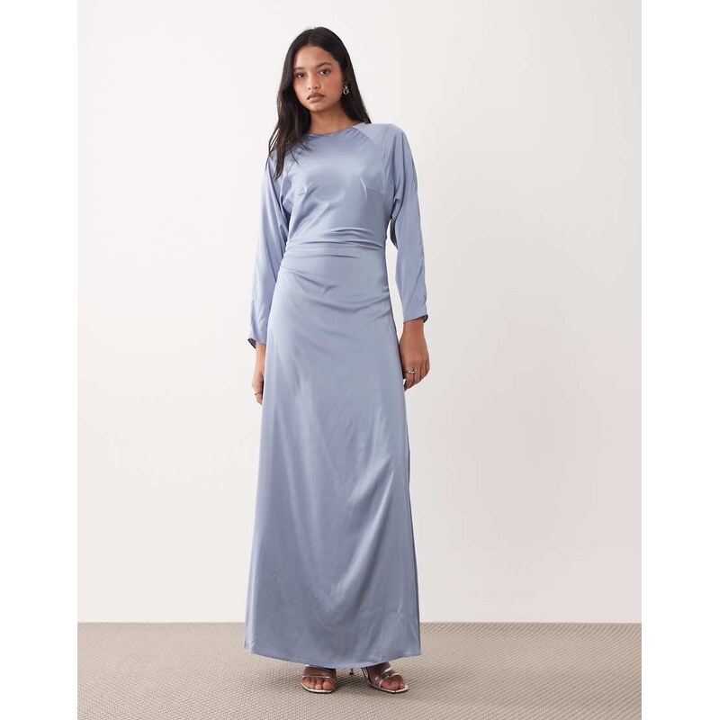 TFNC Bridesmaids long sleeve satin maxi dress in dusty blue