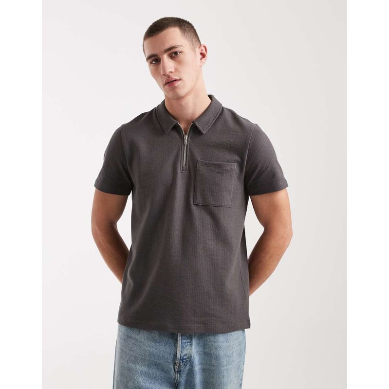 New Look textured zip polo shirt in dark grey