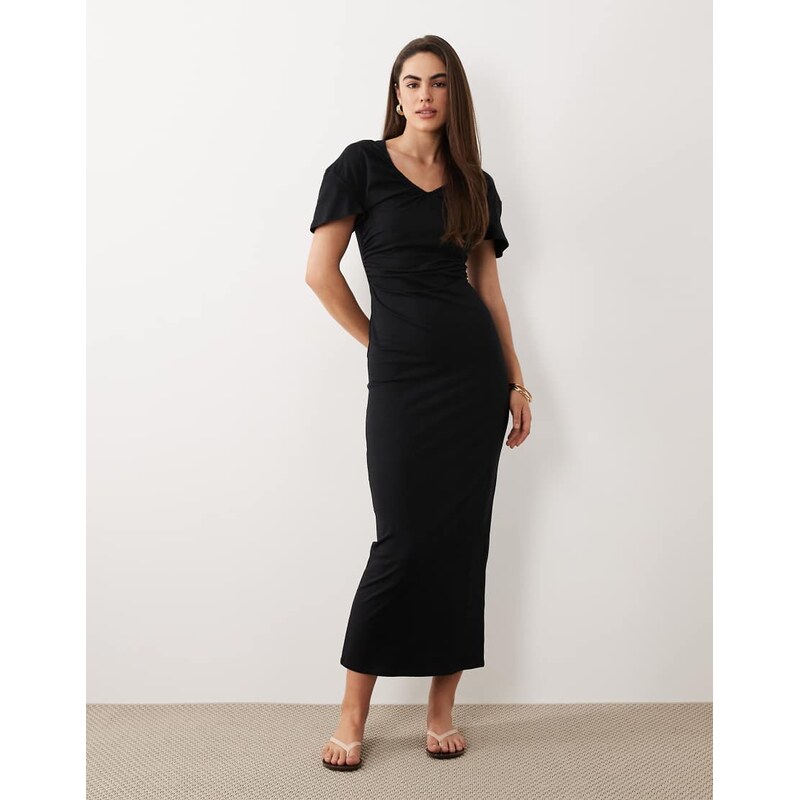 ASOS DESIGN ruched v neck midi dress in black