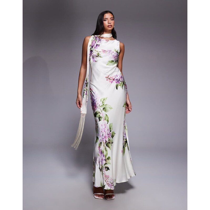 Forever New satin tassel scarf maxi dress in ivory floral print-White 115518593