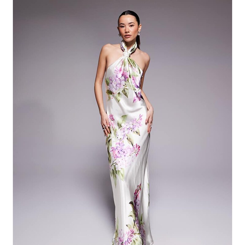 Forever New Petite halter neck satin maxi dress in cream floral