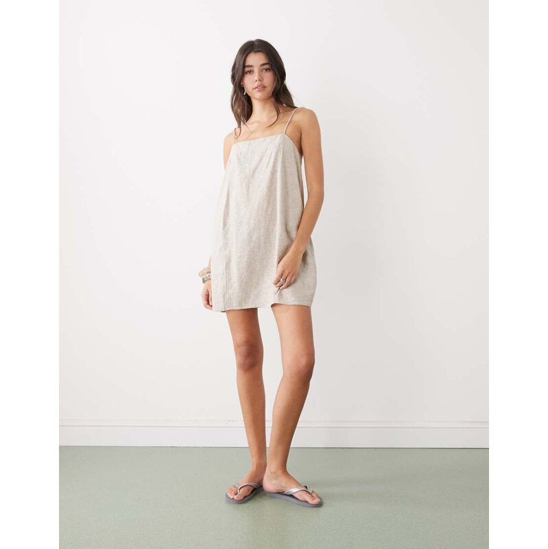 Monki linen blend cami mini dress with pockets in beige-Neutral