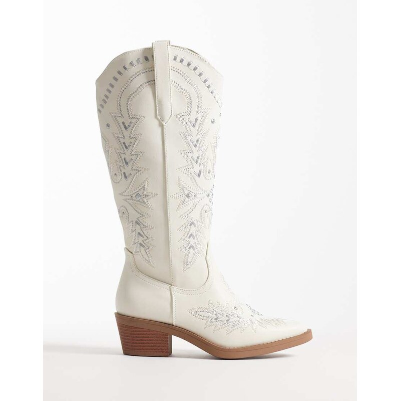 Glamorous embroidered western knee boots in cream-White 115518977