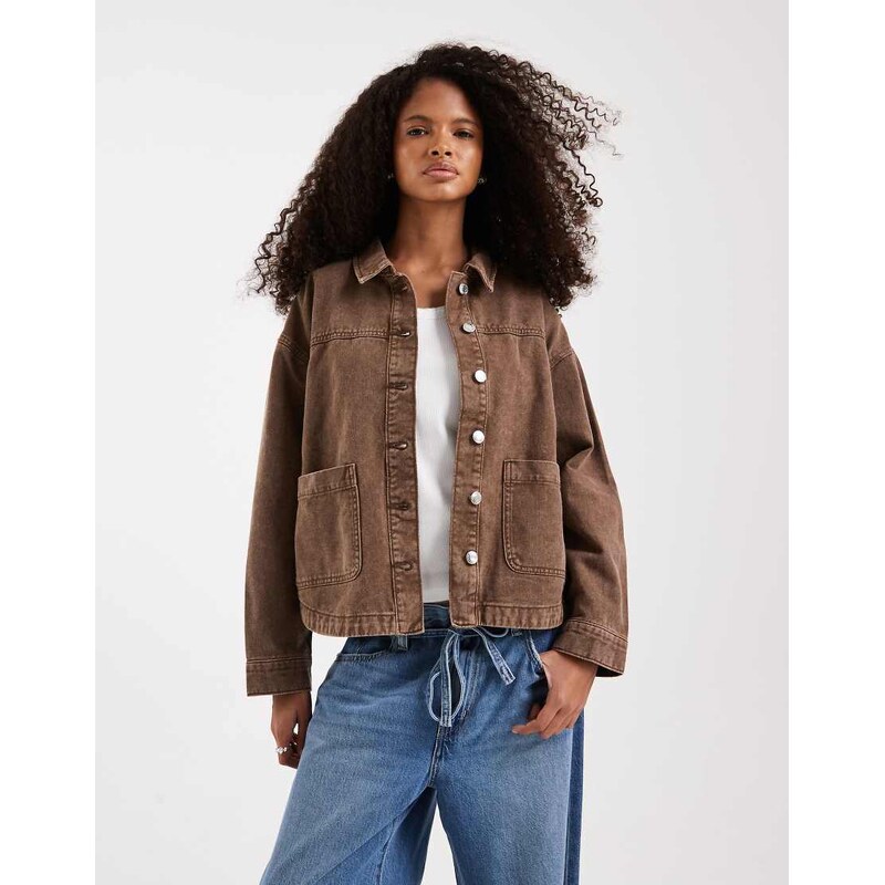 Vero Moda denim shacket with front pockets in washed brown 115519783