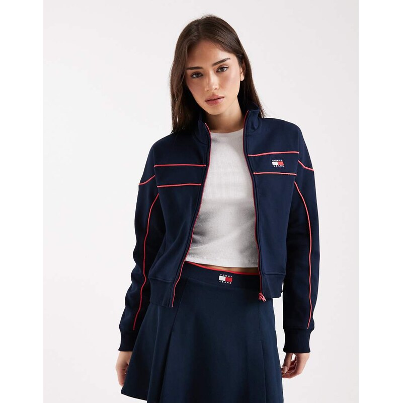 Tommy Jeans badge logo zip through jacket co-ord with piping in navy 114976991