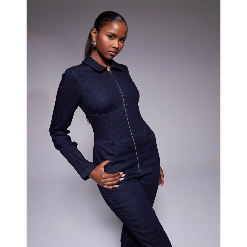 ASOS DESIGN stretch denim jumpsuit with corset waist in inky