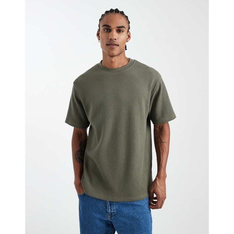 ASOS DESIGN heavyweight relaxed t-shirt in khaki waffle-Green