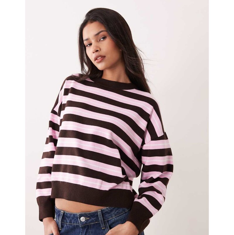 Mango lightweight knitted jumper in pink and brown stripe-Multi 113707877