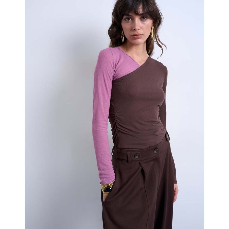 Topshop premium sheer rib v-neck double layer long sleeve top in