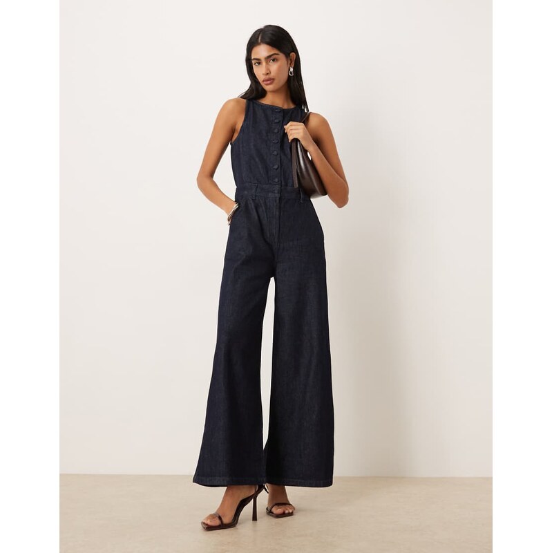 ASOS DESIGN wide leg denim jumpsuit with button front in rinse-Blue 113714818