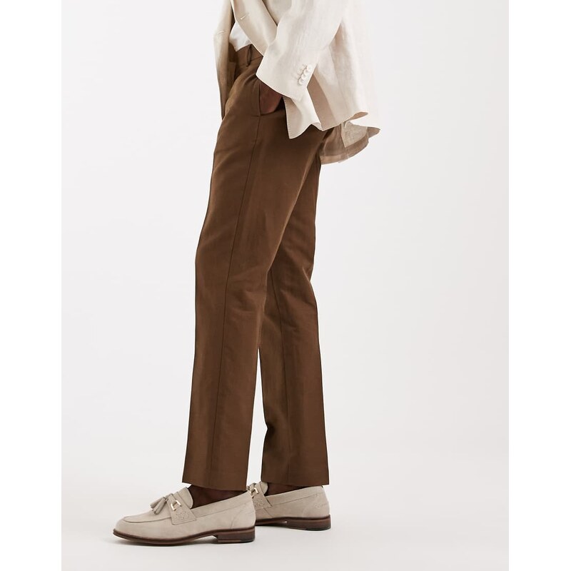 ASOS DESIGN tailored linen rich slim trousers in dark brown